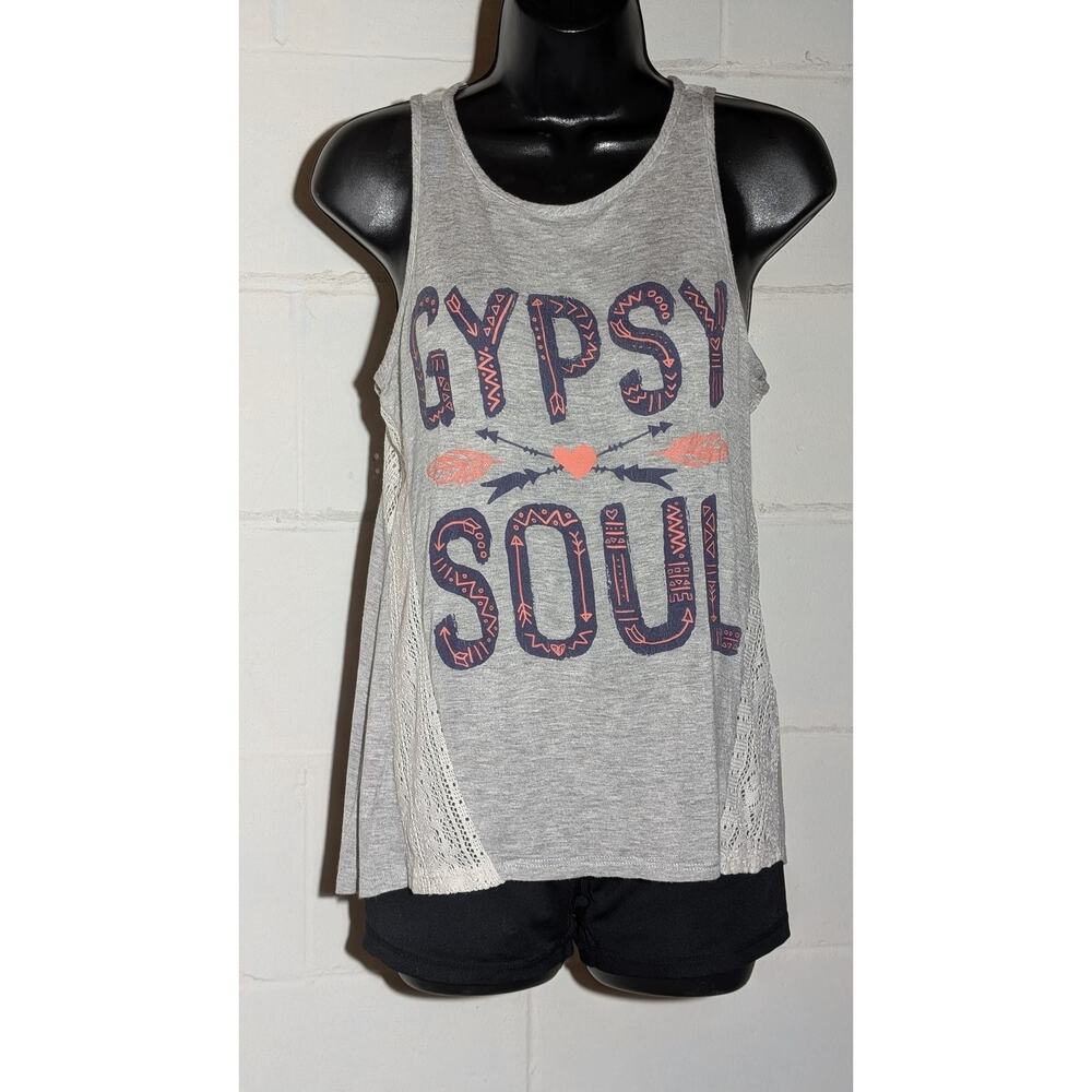 Threads Studio Gypsy Soul Tank Top Gray Sleeveless Lace Trim Inset Summer Medium